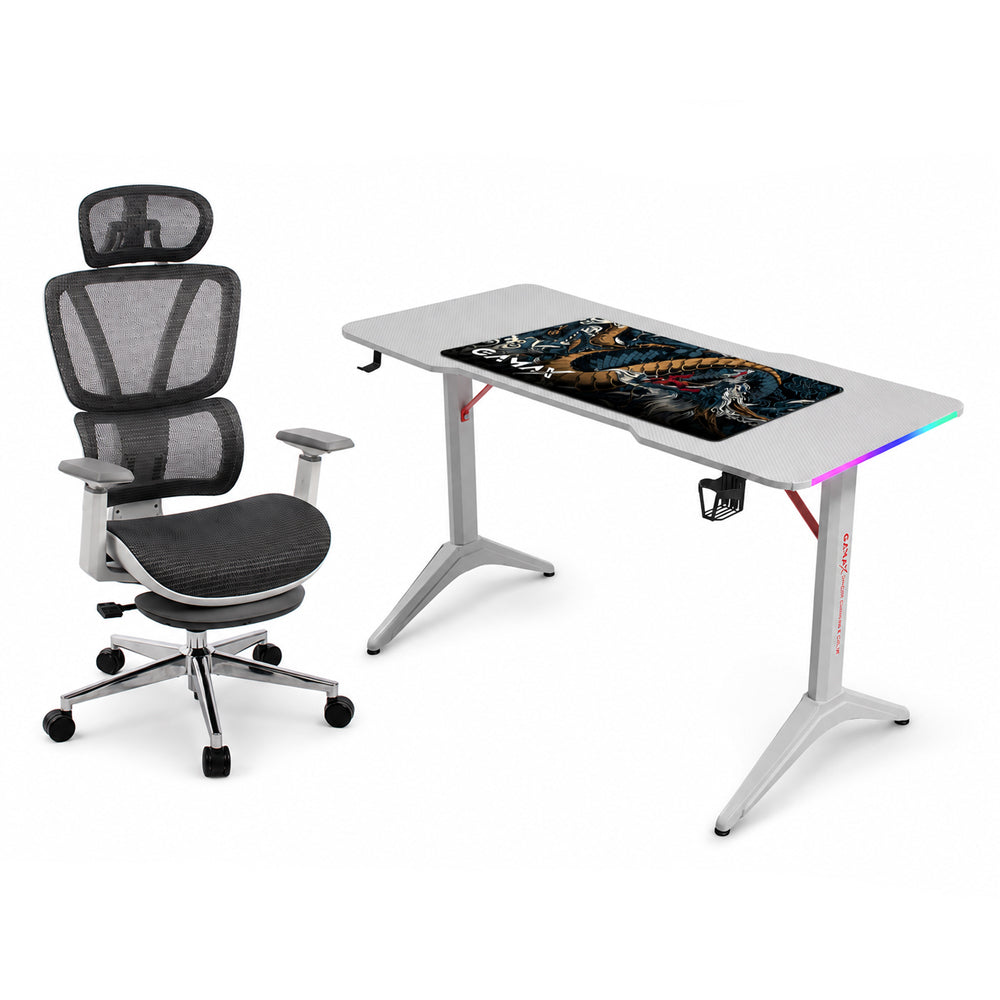 Gamax RGB White Table 140*60*74 With Black Bull Mesh 3D armrest Gray Chair Gaming Furniture Bundle