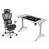 Gamax RGB White Table 140*60*74 With Black Bull Mesh 3D armrest Gray Chair Gaming Furniture Bundle