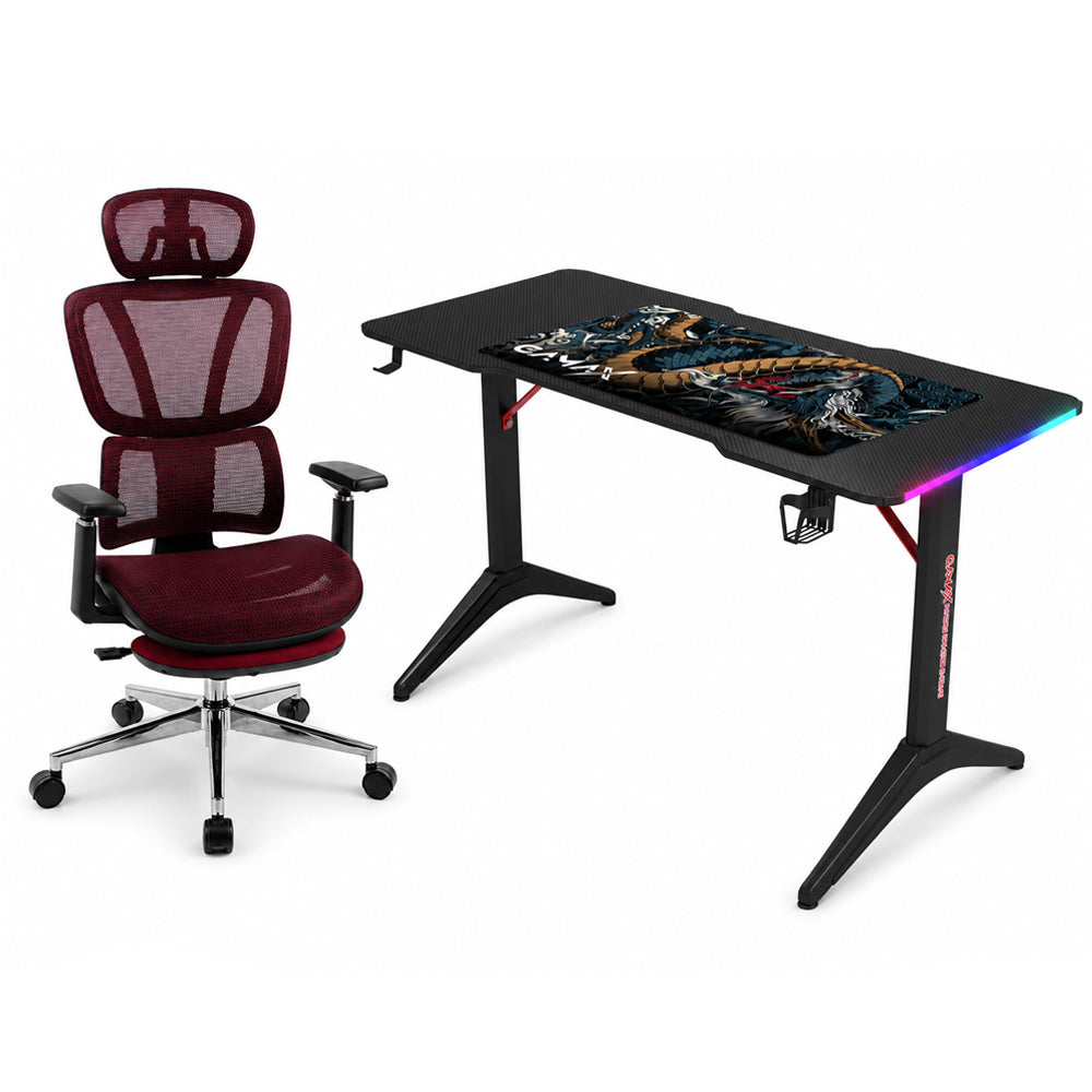 Gamax RGB White Table 120*60*74 With Black Bull Mesh 3D armrest Black & Red Chair Gaming Furniture Bundle