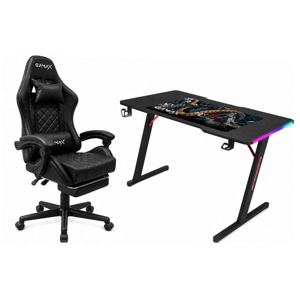 Gamax RGB White Table 120*60*74 With Black Chair Gaming Furniture Bundle