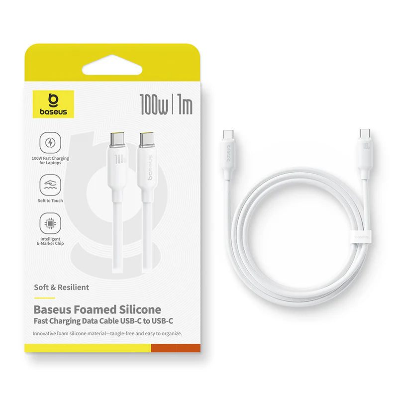 كابل بيسيوس سيليكون رغوي للشحن السريع ونقل البيانات USB-C إلى USB-C بقدرة 100 واط وطول 1 متر – أبيض قمري