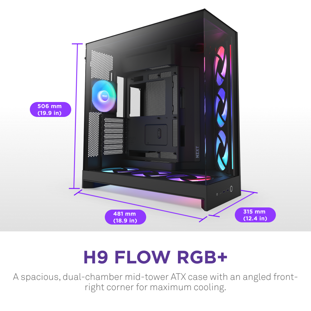 NZXT H9 Flow RGB+ 2025 Dual Chamber Mid Tower Case With RGB Fans & Control Hub - Black