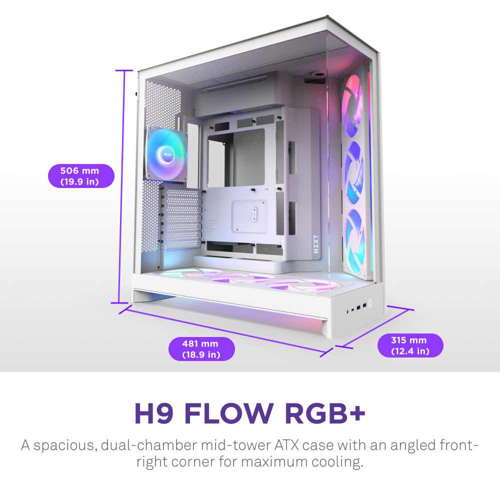 NZXT H9 Flow RGB+ 2025 Dual Chamber Mid Tower Case With RGB Fans & Control Hub - White