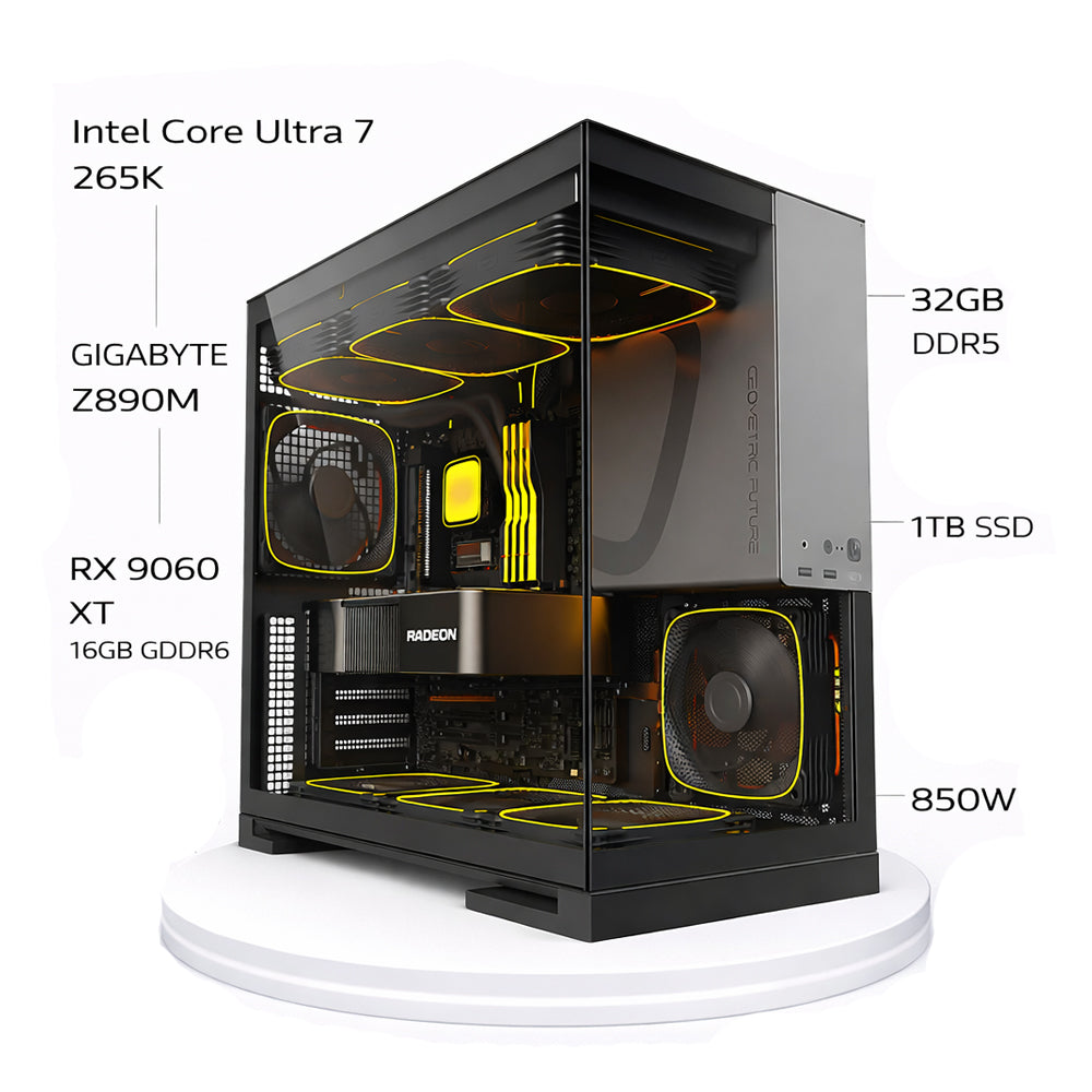 Custom Gaming PC Intel Core Ultra 7 265K, RX 9060 XT 16GB, 32GB DDR5, 1TB NVMe, Windows 11 Pro