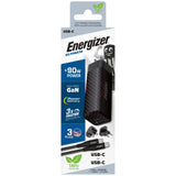 Energizer Ultimate 90W PD/QC Wall Charger with Universal Plug, GaN Technology, Dual Output, USB-C to USB-C Braided Cable, Black