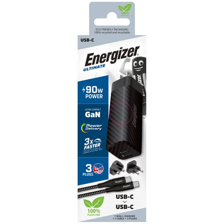 Energizer Ultimate 90W PD/QC Wall Charger with Universal Plug, GaN Technology, Dual Output, USB-C to USB-C Braided Cable, Black