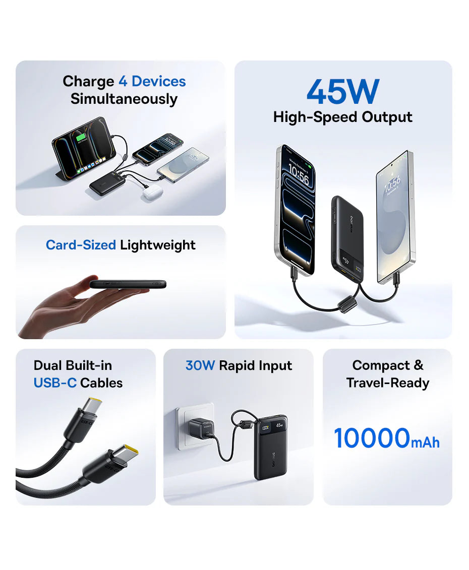 بنك الطاقة Baseus EnerFill FC11 بشاشة عرض رقمية وكابلين USB-C مدمجين، سعة 10000 مللي أمبير، قدرة 45 واط - أسود كوني