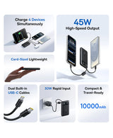 بنك الطاقة Baseus EnerFill FC11 بشاشة عرض رقمية وكابلين USB-C مدمجين، سعة 10000 مللي أمبير، قدرة 45 واط - أسود كوني