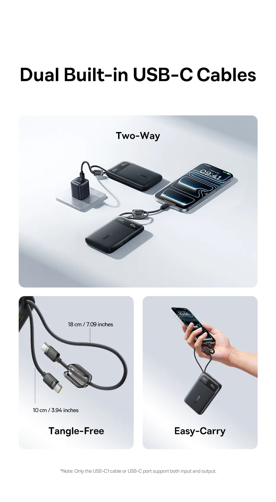 بنك الطاقة Baseus EnerFill FC11 بشاشة عرض رقمية وكابلين USB-C مدمجين، سعة 10000 مللي أمبير، قدرة 45 واط - أسود كوني