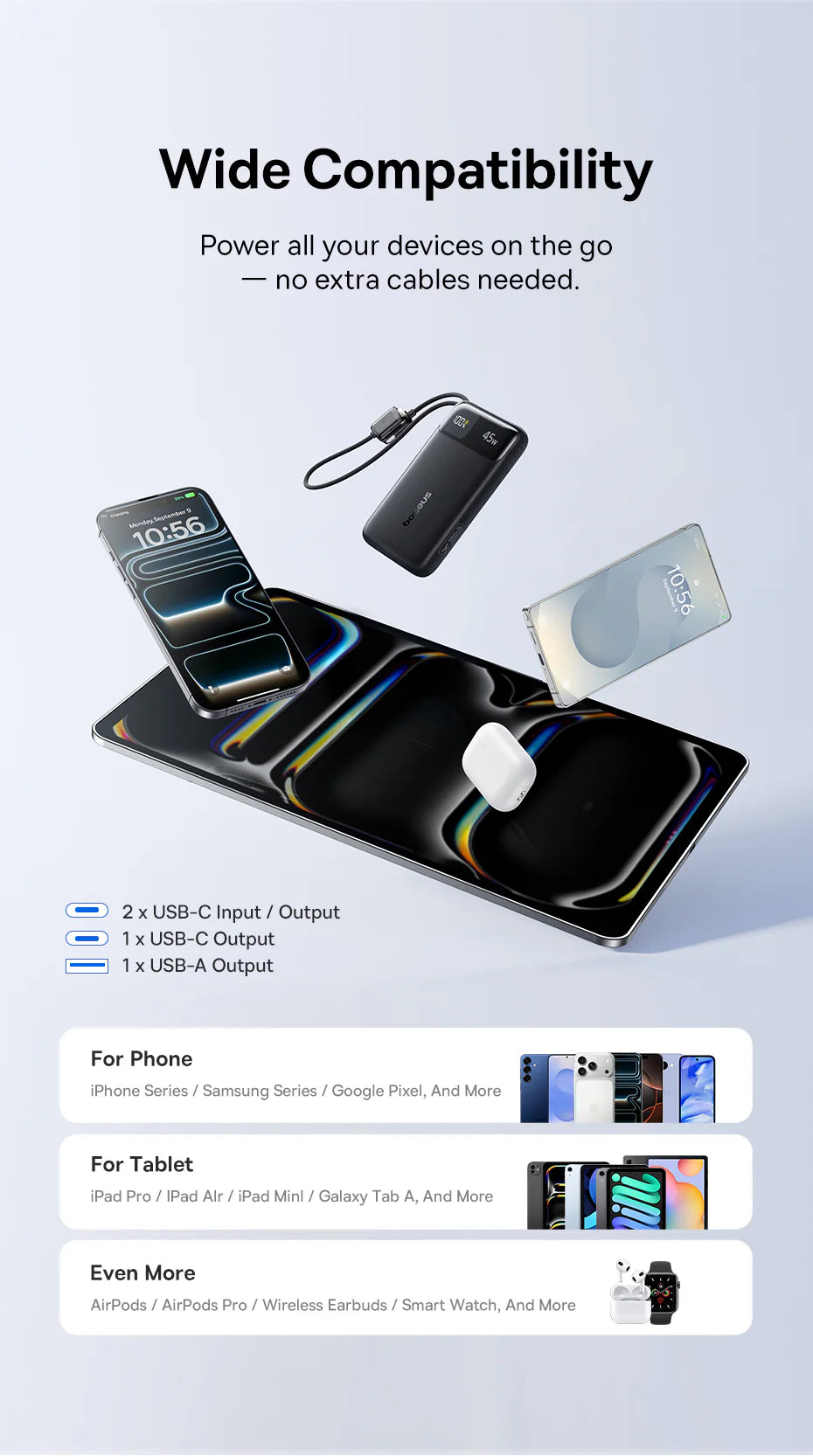 بنك الطاقة Baseus EnerFill FC11 بشاشة عرض رقمية وكابلين USB-C مدمجين، سعة 10000 مللي أمبير، قدرة 45 واط - أسود كوني