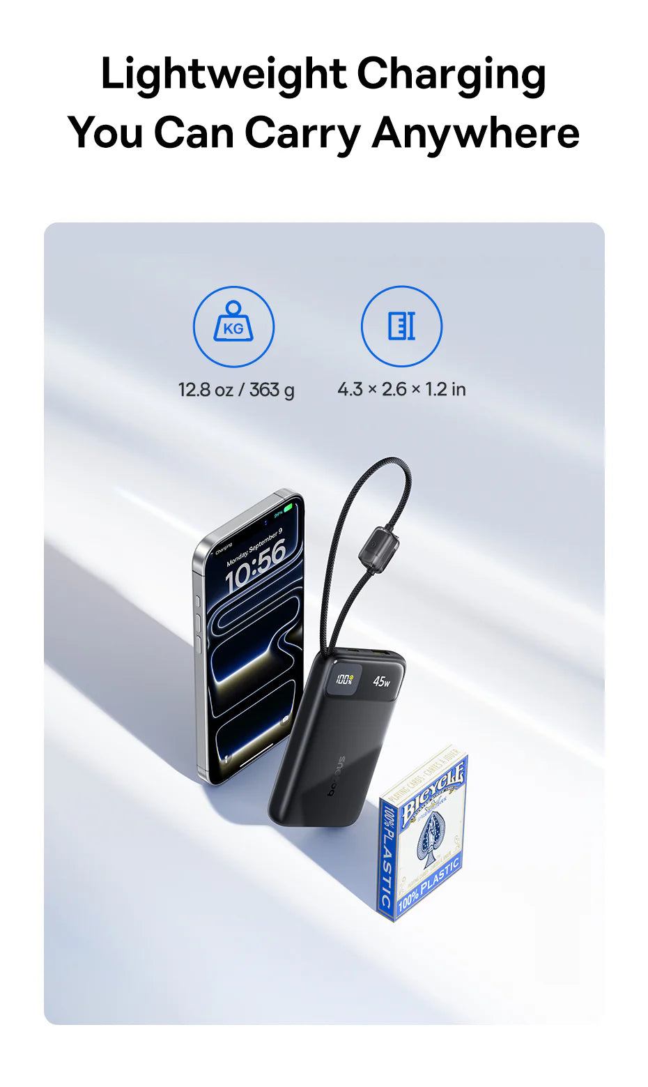 بنك الطاقة Baseus EnerFill FC11 بشاشة عرض رقمية وكابلين USB-C مدمجين، سعة 10000 مللي أمبير، قدرة 45 واط - أسود كوني