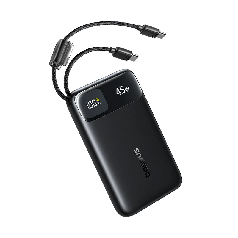 بنك الطاقة Baseus EnerFill FC11 بشاشة عرض رقمية وكابلين USB-C مدمجين، سعة 10000 مللي أمبير، قدرة 45 واط - أسود كوني
