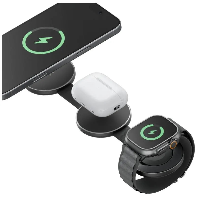 Energea ALUMAG TRIO, 3IN1 FOLDABLE QI2 ALUMINIUM WIRELESS CHARGER 15W - Gunmetal