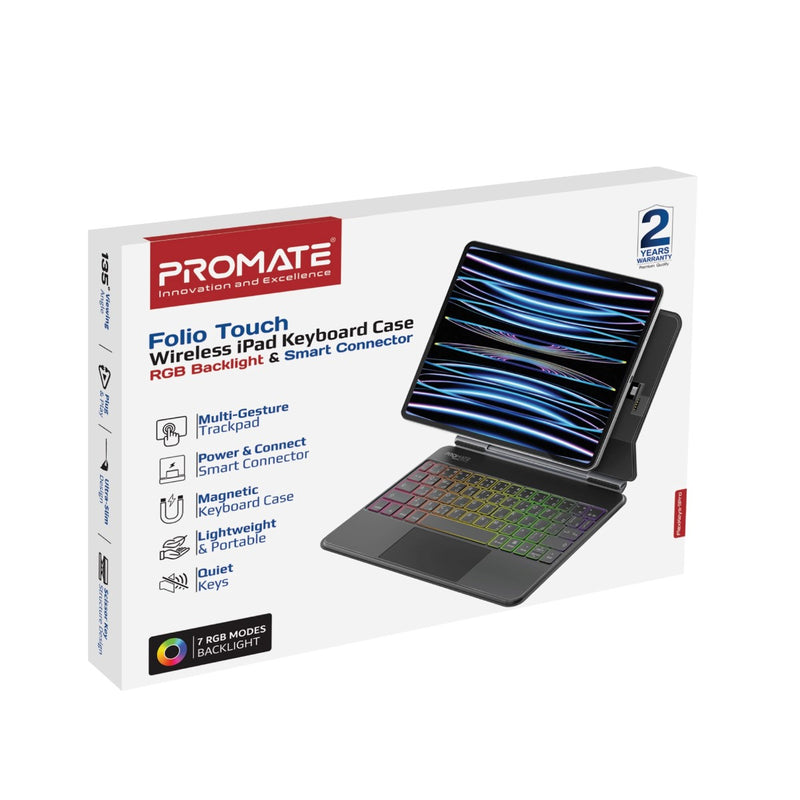 Promate Folio Touch Wireless iPad Keyboard Case with RGB Backlight and Smart Connector, Black