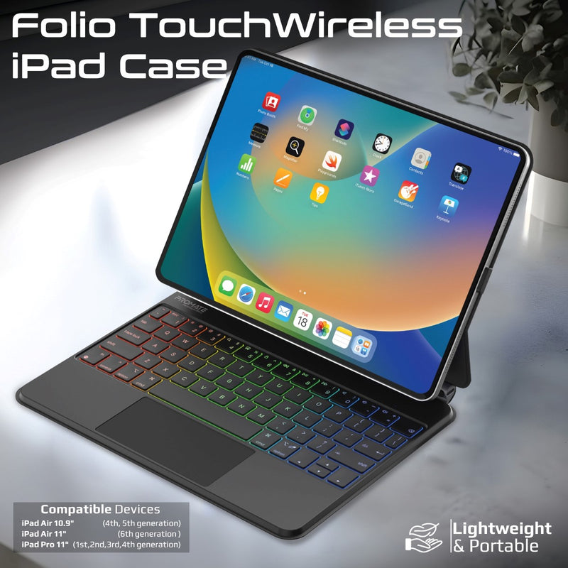 Promate Folio Touch Wireless iPad Keyboard Case with RGB Backlight and Smart Connector, Black