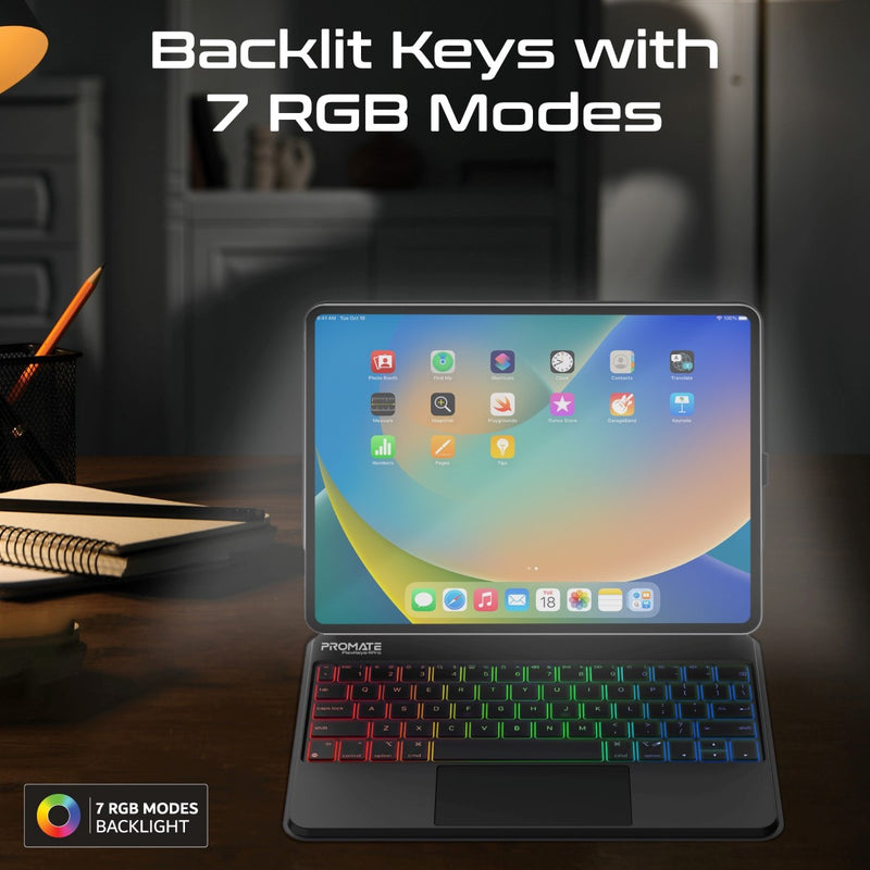 Promate Folio Touch Wireless iPad Keyboard Case with RGB Backlight and Smart Connector, Black