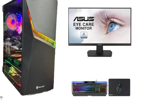 كمبيوتر العاب بمعالج INTEL CORE I5-11400F،كرت شاشة MSI GeForce GTX 1650،رام 16 جيجابايت مع شاشة ASUS VA24EHE حجم 24 بوصة Full HD، IPS، بدون إطار، شاشة العناية بالعين 75 هرتز مع اكسسوارات ألعاب كومبيوتر من سيداس