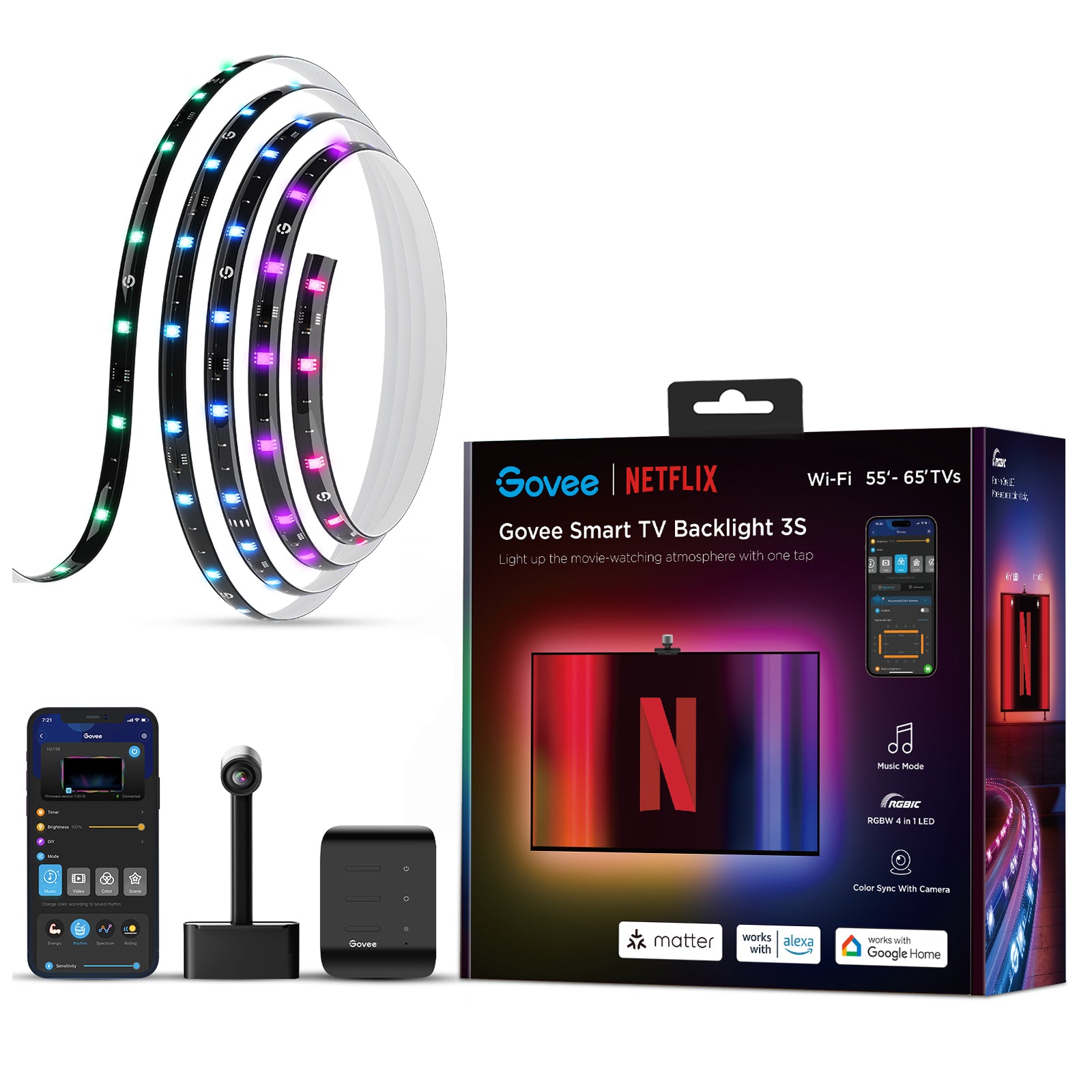 Govee TV バックライト 3 ライト キット (55～65 インチ TV) Amazon.com: Govee TV Backlight 3 Lite Kit, 11.8ft RGBICW Wi