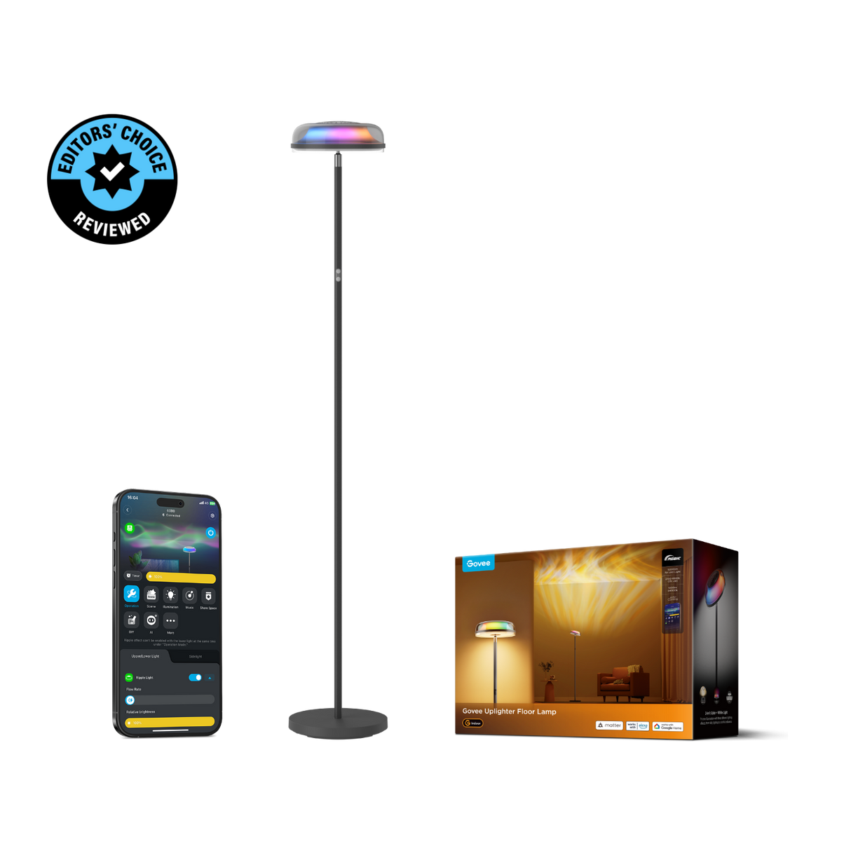 Govee Uplighter Floor Lamp 3 in 1 Lighting Effects, Dynamic Ripple Effect, RGBWW+RGBIC+WW Colors - H60B0