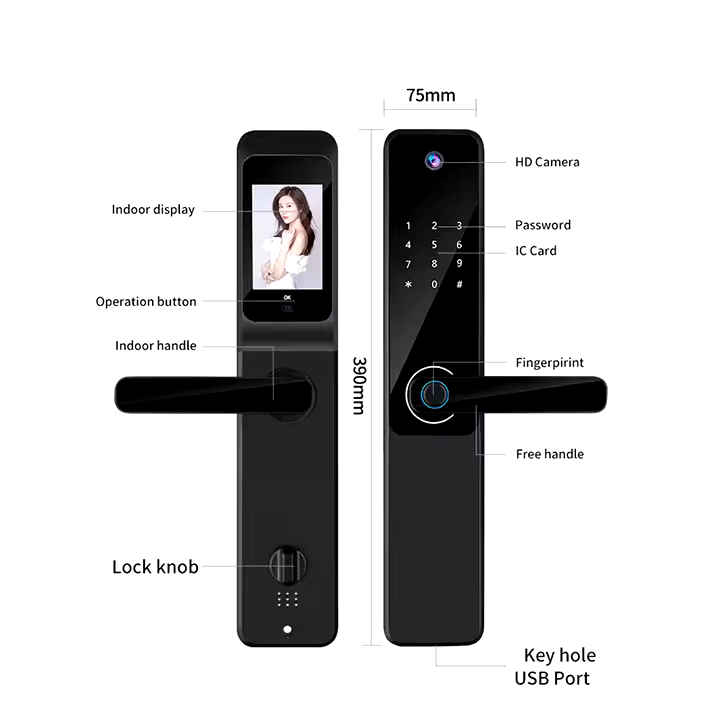 Fingerprint Smart Lock Model Y1802pro with Camera for Door thickness: 40-120mm unlock by Tuya Wifi APP / Password / Fingerprint / card / key