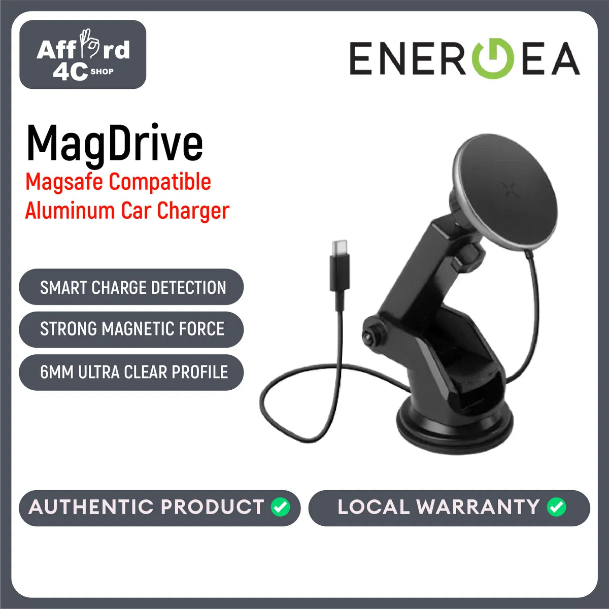 شاحن سيارة من الألومنيوم متوافق مع نظام MAGSAFE من Energea MAGDRIVE (للاستخدام على سطح المكتب/فتحة التهوية) - لون رمادي داكن/أسود