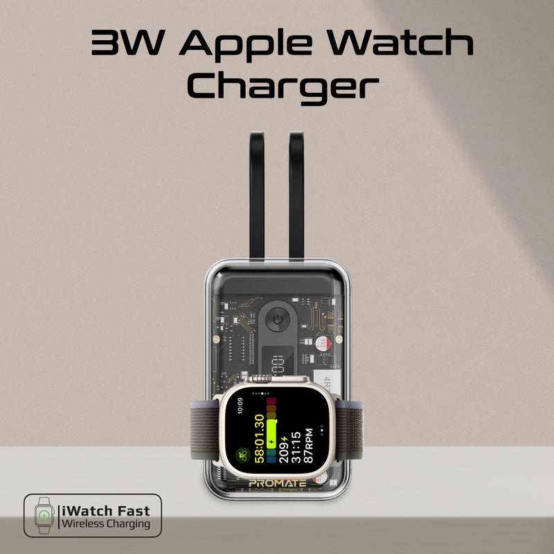 Promate 20000mAh Multi-Device Charging Transparent Smartphone and Apple Watch Power Bank with USB-C & Lightning Cable - Black