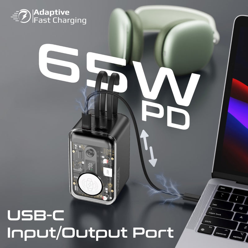 Promate 20000mAh Multi-Device Charging Transparent Smartphone and Apple Watch Power Bank with USB-C & Lightning Cable - Black