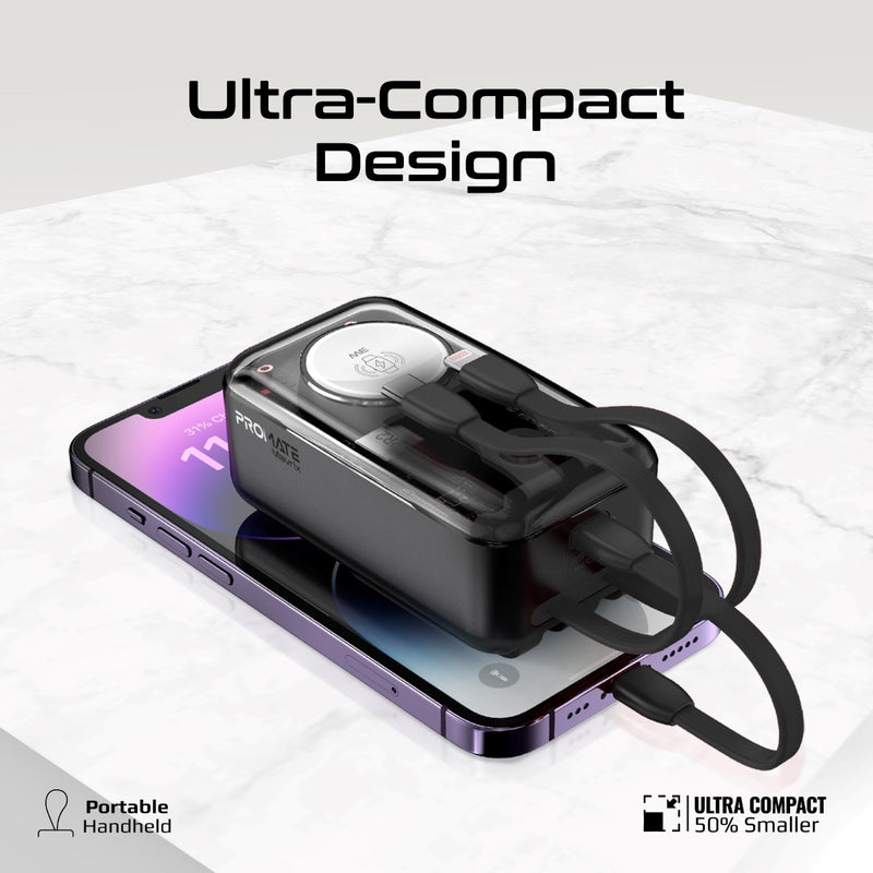 Promate 10000mAh Transparent Smartphone and Apple Watch Charging Power Bank with USB-C & Lightning Cable - Black