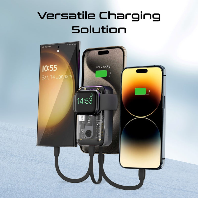 Promate 10000mAh Transparent Smartphone and Apple Watch Charging Power Bank with USB-C & Lightning Cable - Black
