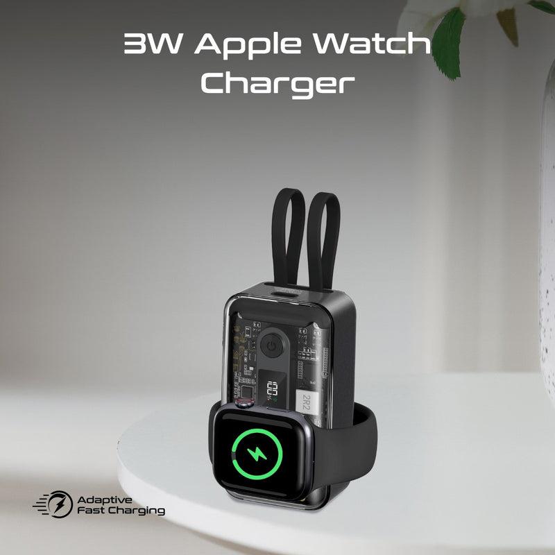 Promate 10000mAh Transparent Smartphone and Apple Watch Charging Power Bank with USB-C & Lightning Cable - Black