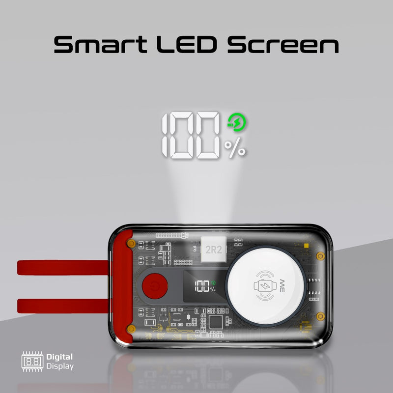 Promate 10000mAh Transparent Smartphone and Apple Watch Charging Power Bank with USB-C & Lightning Cable - Black