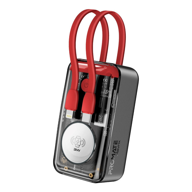 Promate 10000mAh Transparent Smartphone and Apple Watch Charging Power Bank with USB-C & Lightning Cable - Black