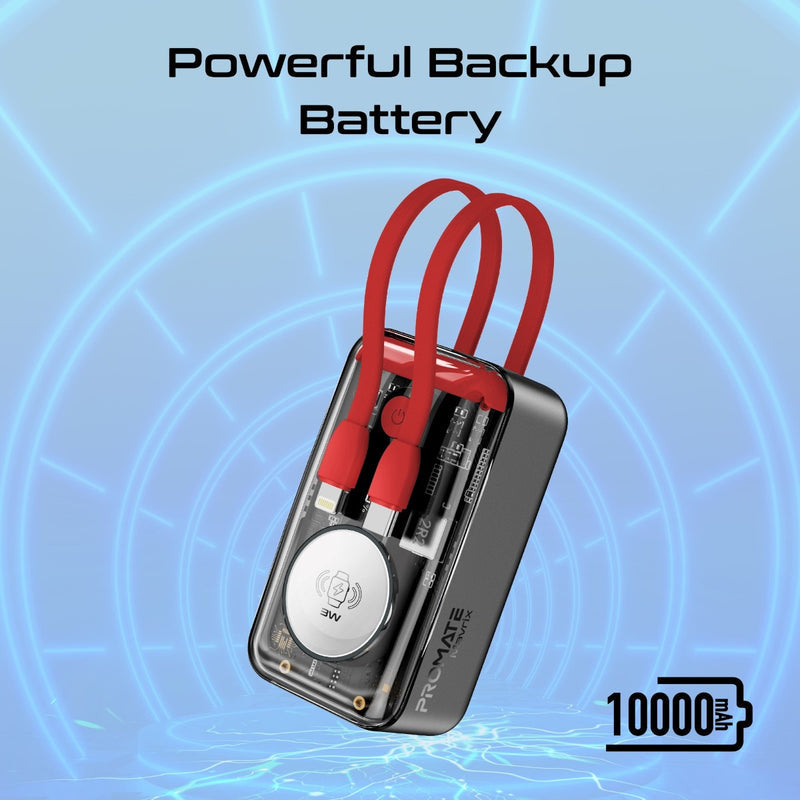 Promate 10000mAh Transparent Smartphone and Apple Watch Charging Power Bank with USB-C & Lightning Cable - Black