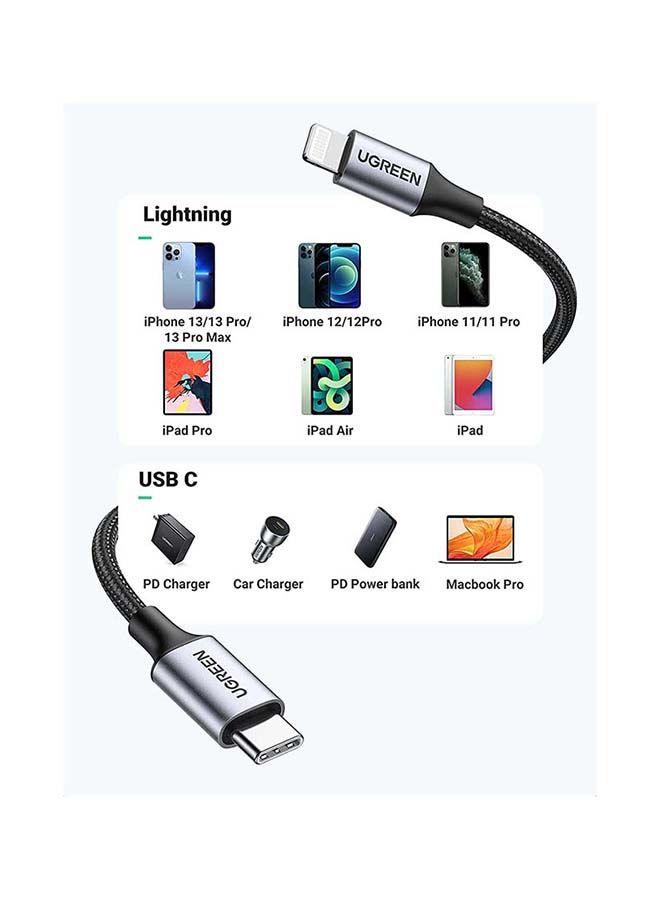 UGREEN USB-C to Lightning M/M Cable   20W Aluminum Shell Braided 2m (Black)US304