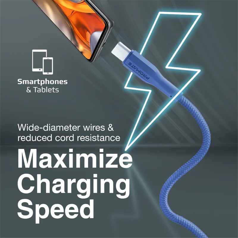Promate Super-Flexible USB-A to USB-C Cable  2A Standard Charging - BLUE