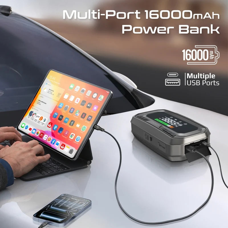 Promate PatrolPack Ultra 3000A/12V High-Capacity Jump Starter 150PSI Air Compressor with 16000mAh Power Bank & Flashlight