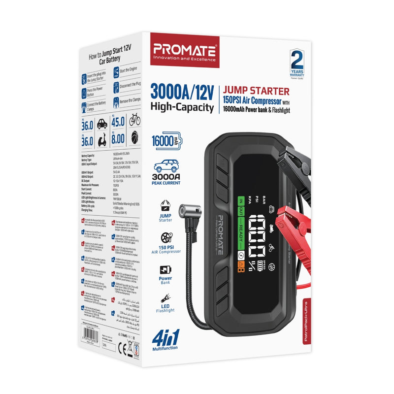 Promate PatrolPack Ultra 3000A/12V High-Capacity Jump Starter 150PSI Air Compressor with 16000mAh Power Bank & Flashlight