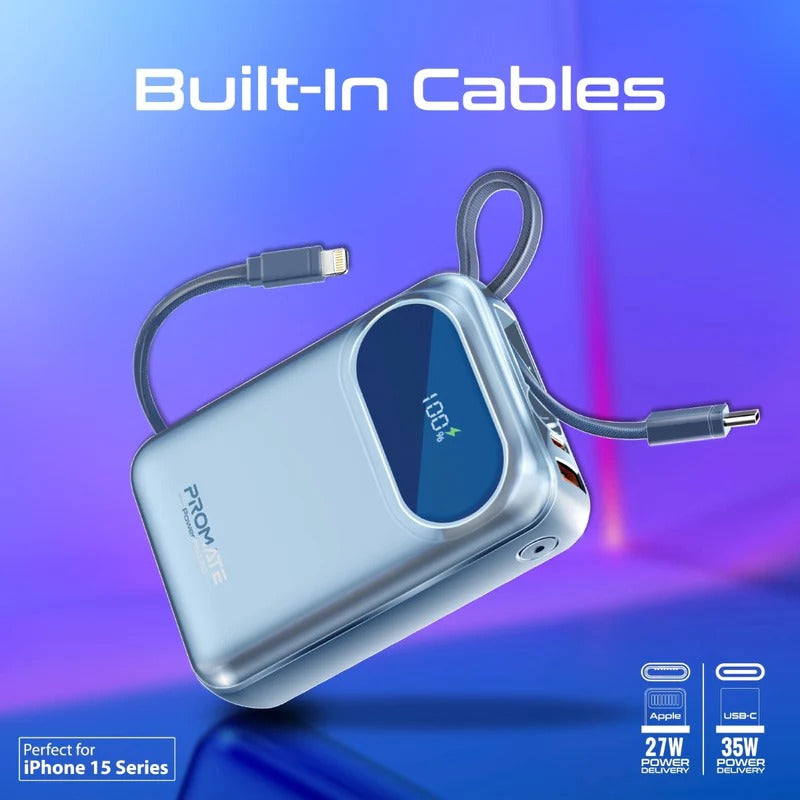بنك طاقة بروميت فائق الصغر بسعة 20000 مللي أمبير، بقوة 35 واط، مزود بكابل USB-C وكابل لايتينج مدمجين - أزرق