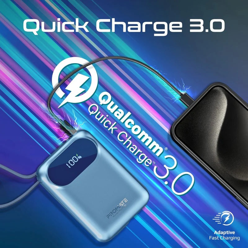 بنك طاقة بروميت فائق الصغر بسعة 20000 مللي أمبير، بقوة 35 واط، مزود بكابل USB-C وكابل لايتينج مدمجين - أزرق
