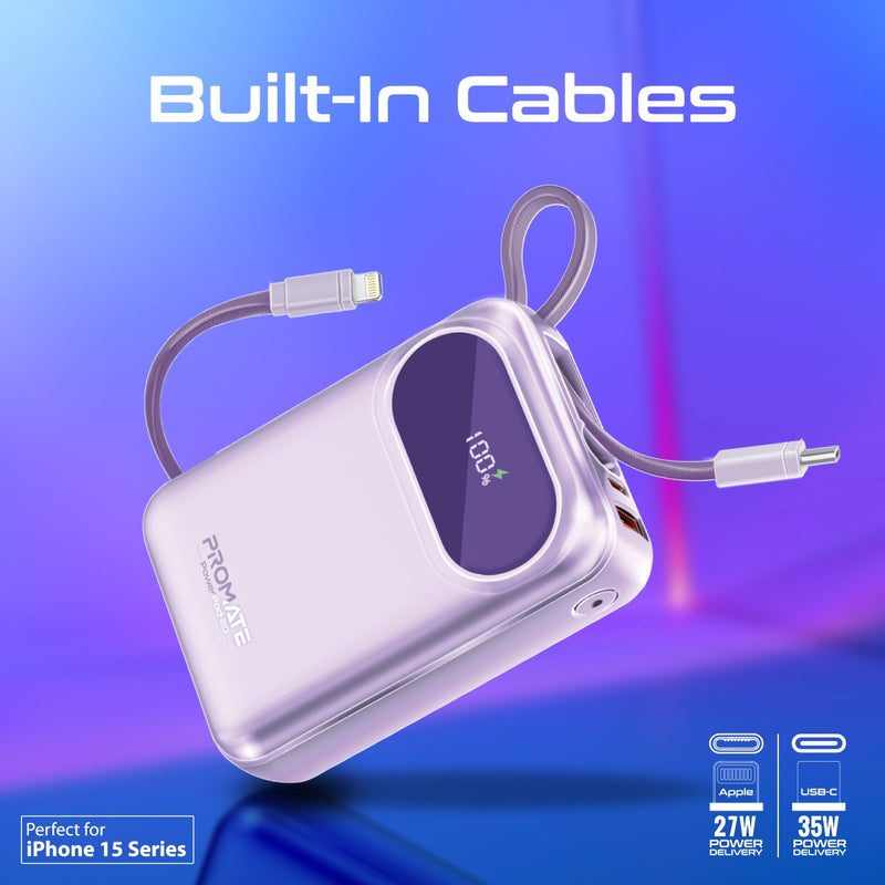 Promate 20000mAh Ultra Compact 35W SuperSpeed Power Bank with Built-In USB-C & Lightning Cable - Purple