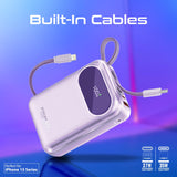 Promate 20000mAh Ultra Compact 35W SuperSpeed Power Bank with Built-In USB-C & Lightning Cable - Purple