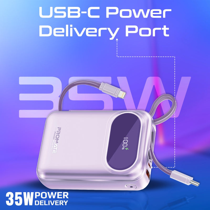 Promate 20000mAh Ultra Compact 35W SuperSpeed Power Bank with Built-In USB-C & Lightning Cable - Purple