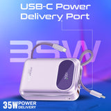 Promate 20000mAh Ultra Compact 35W SuperSpeed Power Bank with Built-In USB-C & Lightning Cable - Purple
