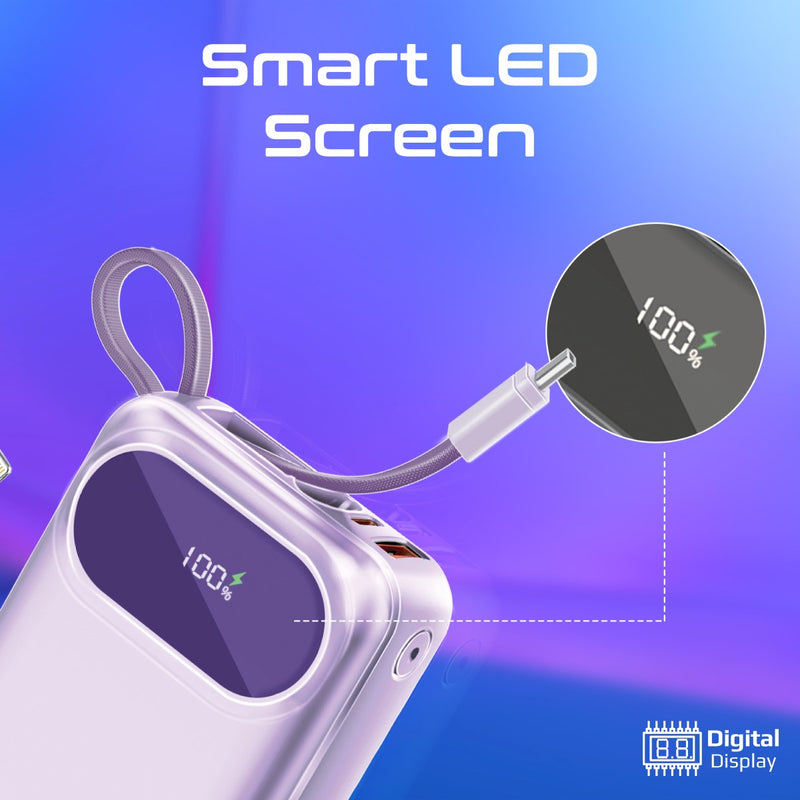 Promate 20000mAh Ultra Compact 35W SuperSpeed Power Bank with Built-In USB-C & Lightning Cable - Purple