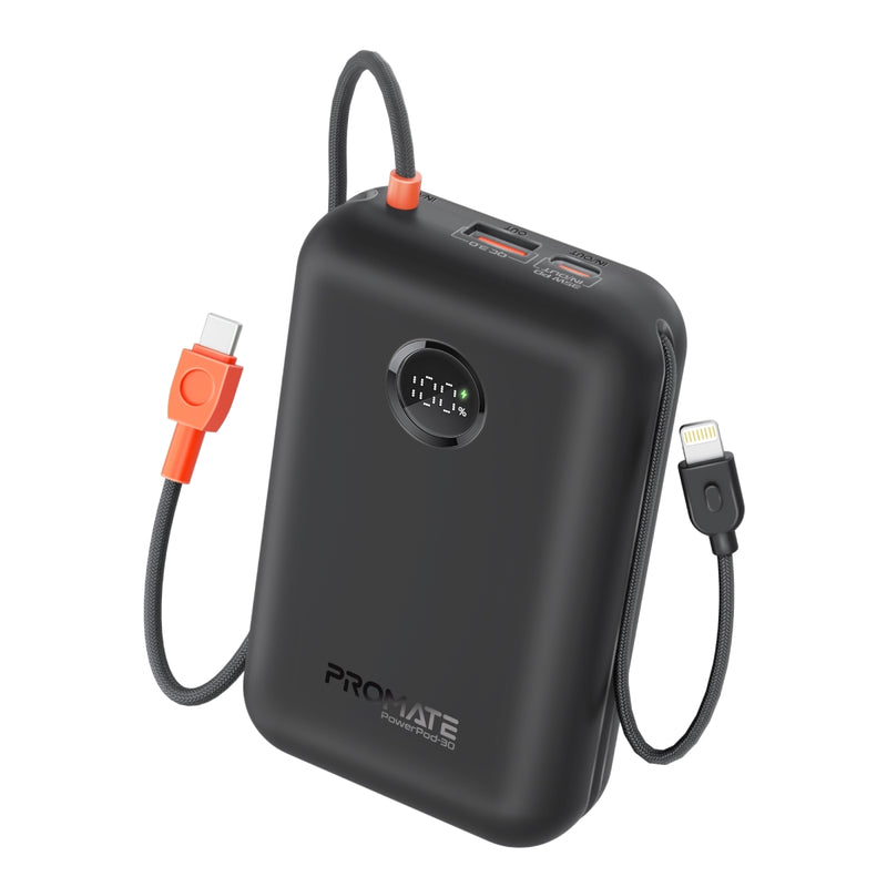 Promate 30000mAh Ultra Compact 35W SuperSpeed Power Bank with Built-In USB-C & Lightning Cable - Black