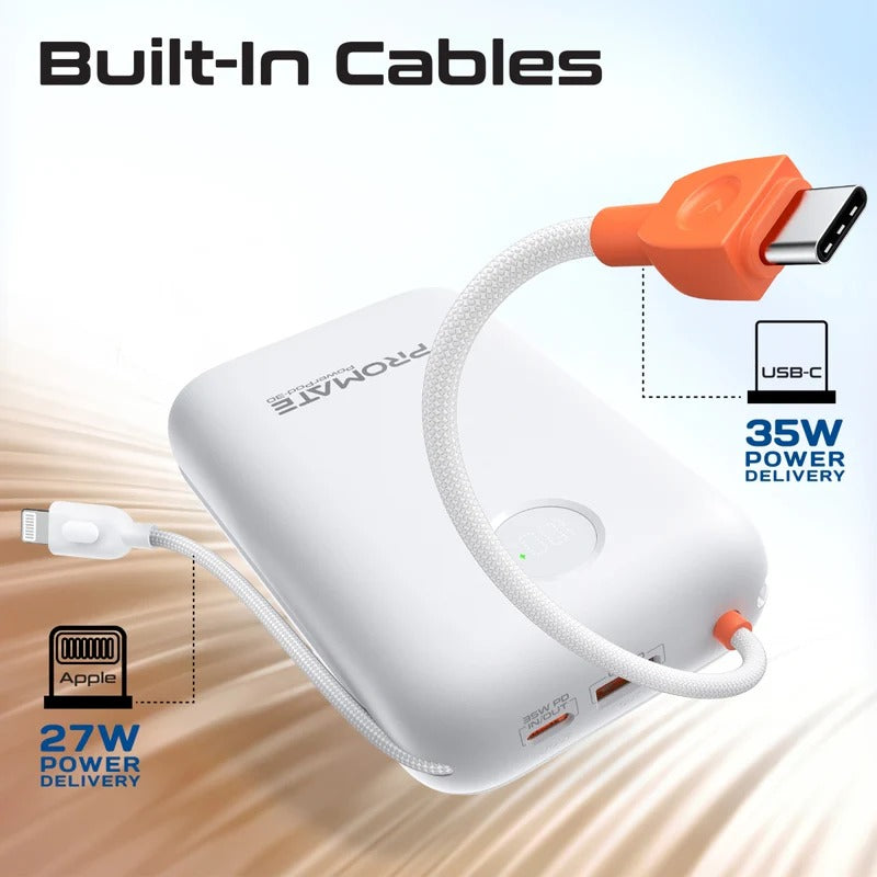 بنك طاقة بروميت فائق الصغر بسعة 30000 مللي أمبير، بقوة 35 واط، مزود بكابل USB-C وكابل Lightning مدمجين - أبيض