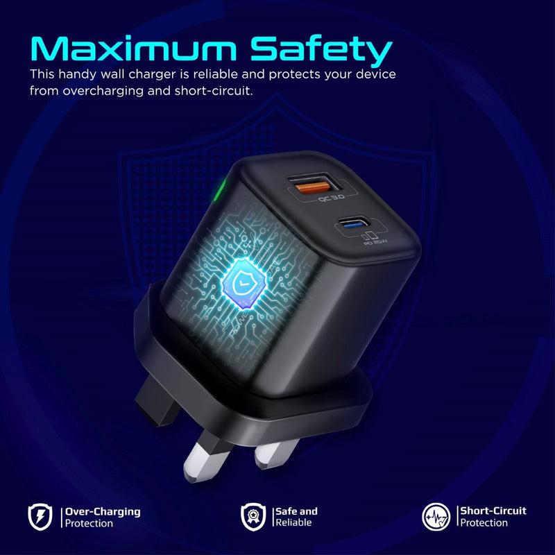 Promate PowerPort-25AC Ultra-Fast Dual Port AC Charger with 25W Power Delivery and QC 3.0 - Black