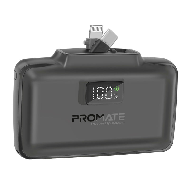 Promate 10000mAh Ultra-Compact fast charging Power Bank with Dual Folding USB-C & Lightning Connector - Black