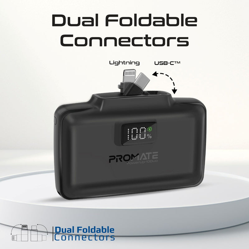 Promate 10000mAh Ultra-Compact fast charging Power Bank with Dual Folding USB-C & Lightning Connector - Black
