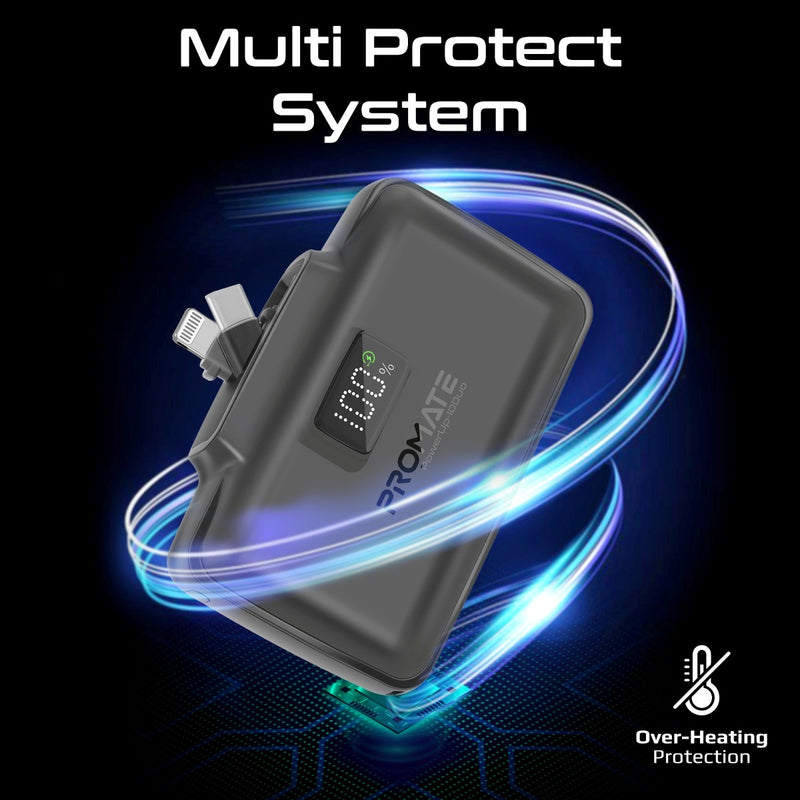 Promate 10000mAh Ultra-Compact fast charging Power Bank with Dual Folding USB-C & Lightning Connector - Black